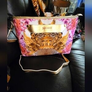 Just Cavalli Vintage Animal Flower Printed Clutch Purse in Pink Gold